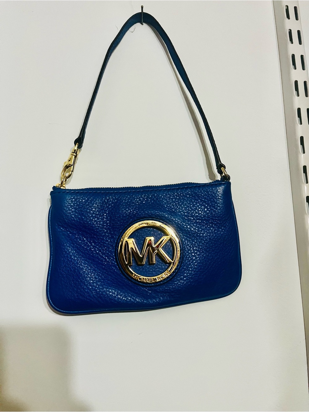 Michael Kors Royal Blue Leather MK Logo Wristlet with Gold Hardware